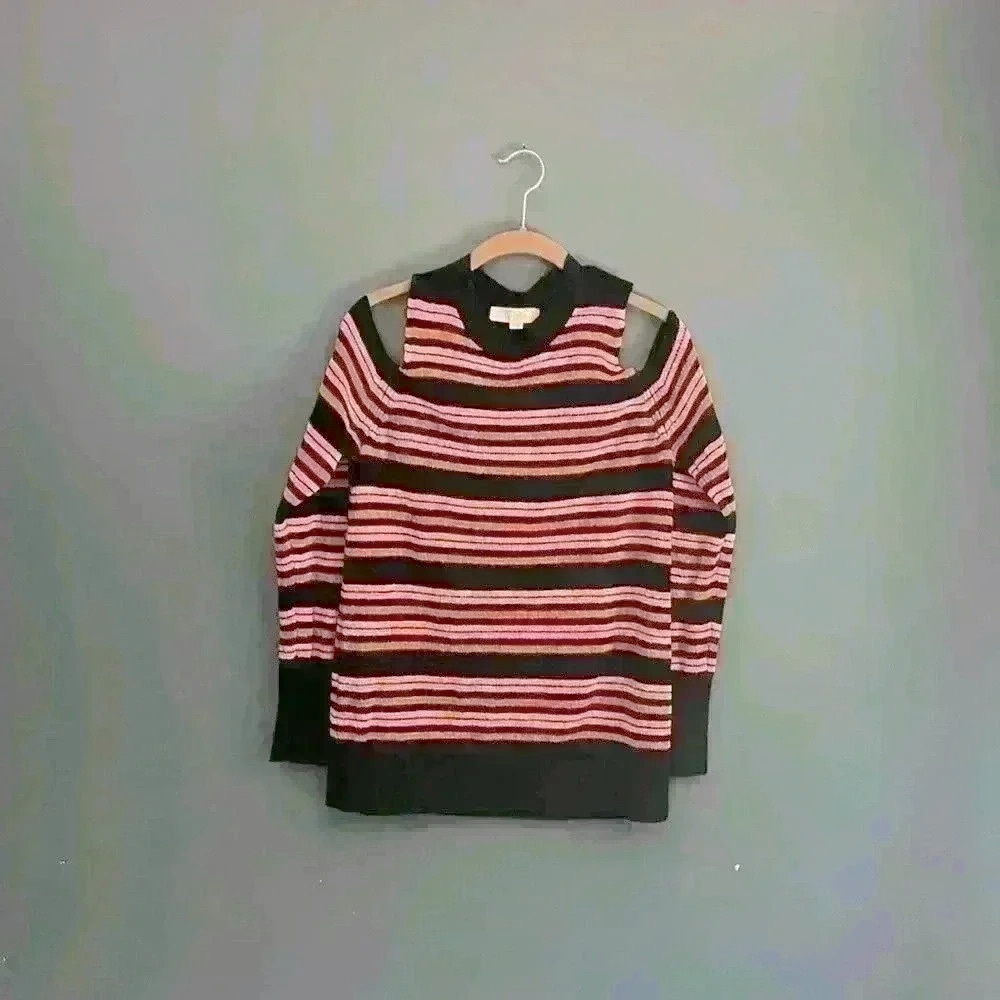 LOFT Cold Shoulder Striped Sweater size woman’s M‎ navy blue, orange, & pink - Picture 2 of 4